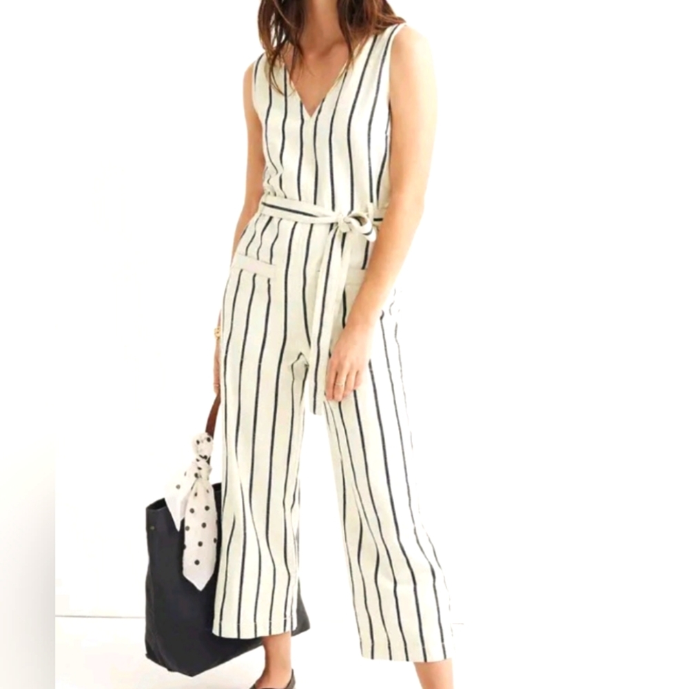 Madewell Cream and Navy Striped Sleeveless V-Neck Jumpsuit